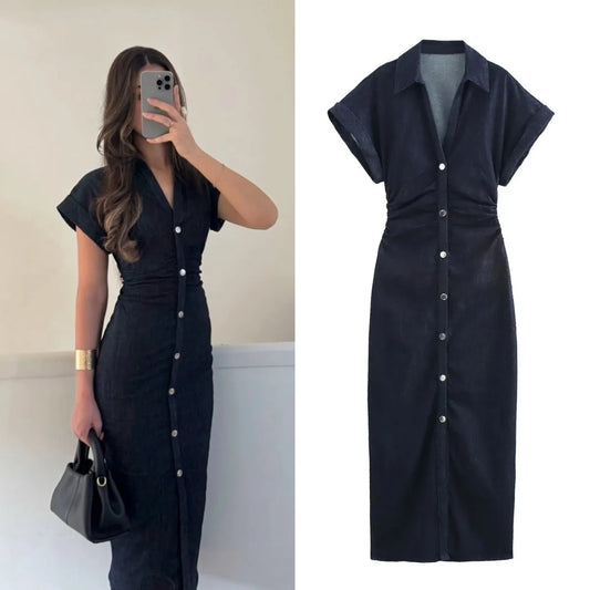 ETJ 2025 Spring Denim MIDI Dress With Lapel Side.