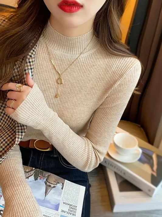 Autumn Winter Mock Neck Women Sweater Vintage Basic Solid Knitted.