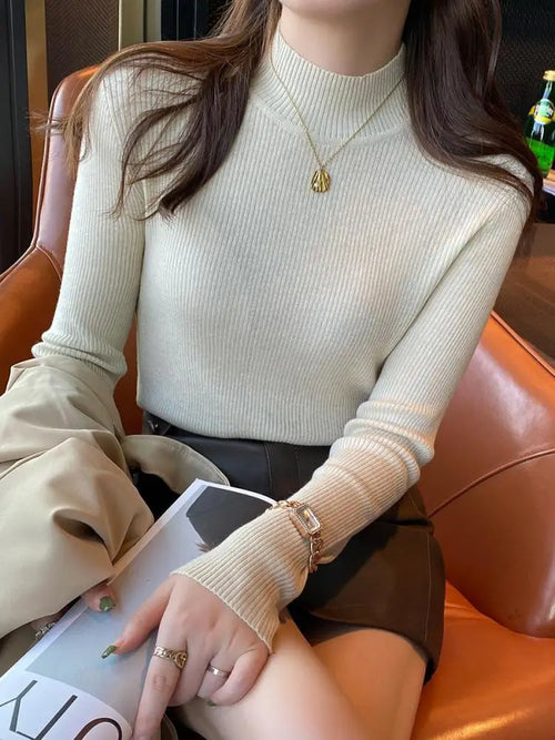 Autumn Winter Mock Neck Women Sweater Vintage Basic Solid Knitted.