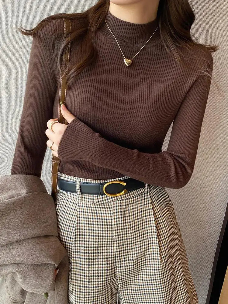 Autumn Winter Mock Neck Women Sweater Vintage Basic Solid Knitted.
