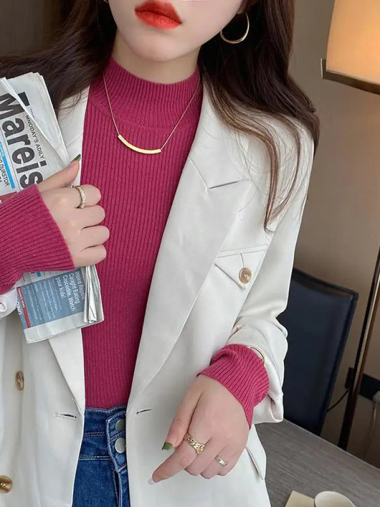 Autumn Winter Mock Neck Women Sweater Vintage Basic Solid Knitted.