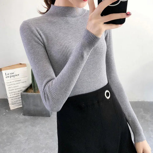 Autumn Winter Mock Neck Women Sweater Vintage Basic Solid Knitted.