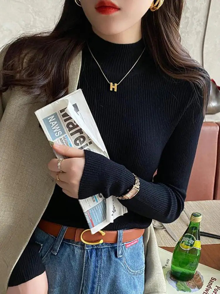 Autumn Winter Mock Neck Women Sweater Vintage Basic Solid Knitted.