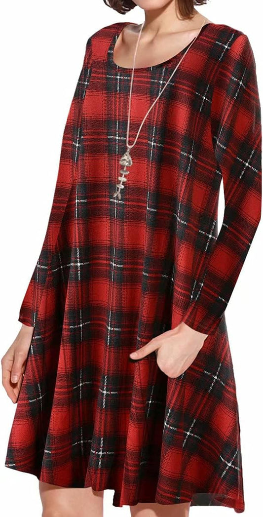 Chic and Comfortable Plus Size Women’s Long Sleeve Swing Dress with Pockets - Perfect for Casual Outings