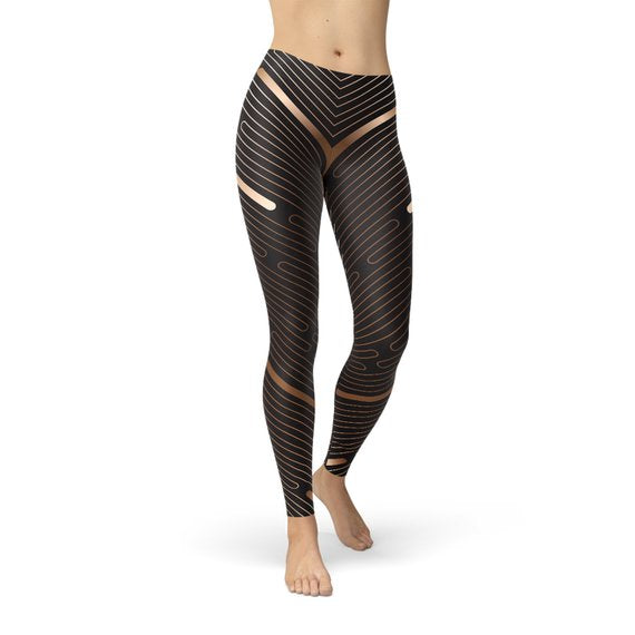 Women's Striped Lines Sports Brown Leggings.